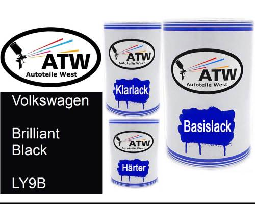 Volkswagen, Brilliant Black, LY9B: 500ml Lackdose + 500ml Klarlack + 250ml Härter - Set, von ATW Autoteile West.